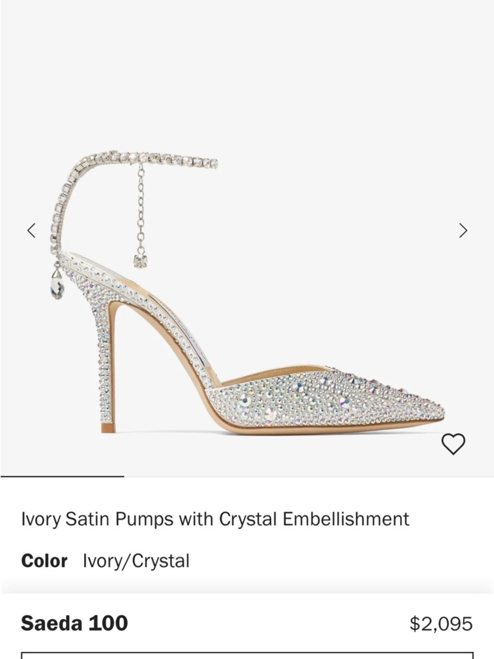Jimmy Choo Saeda Ivory Crystal Embellished Pointed Satin Pumps w/ Ankle Chain
